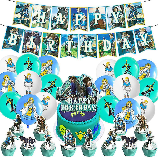 The Legend Of Zelda Game-tema dekorasjonssett til bursdagsfest for barn, inkludert banner, ballongsett, kakecupcake toppers, festutstyr