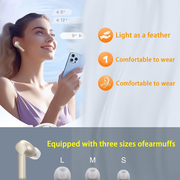 Bluetooth-hörlurar HiFi Stereo, LED Smart Touch Screen Öronproppar, ANC Brusreducerande Öronproppar med Mikrofon, In-Ear Hörlurar för iOS/Android (champagne)