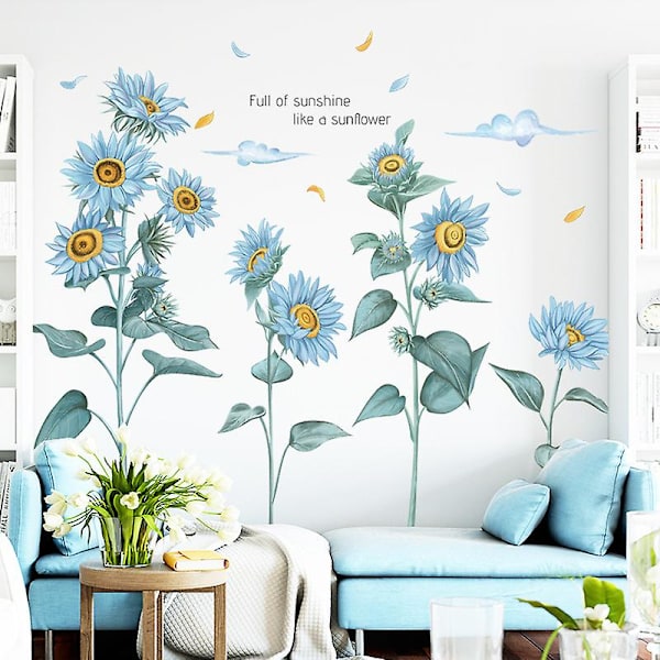 Solsikke Vægklistermærker Have Blomster Vægklistermærker Soveværelse Stue TV Vægkunst Dekoration Murmalerier 29,9 tommer X 37,7 tommer (Blå Solsikke)