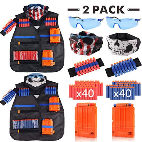 2-pack taktisk väst för barn, påfyllningspilar, taktisk mask, skyddsglasögon, omladdningsklämmor, handledsband för Nerf Nerf-tillbehör leksaksset