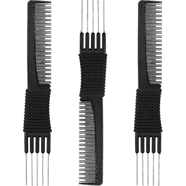 3-pack kolfiberkammar med metallpiggar för att skapa volym, frisörsbackkammar i kolfiber med rostfritt stål (svart)