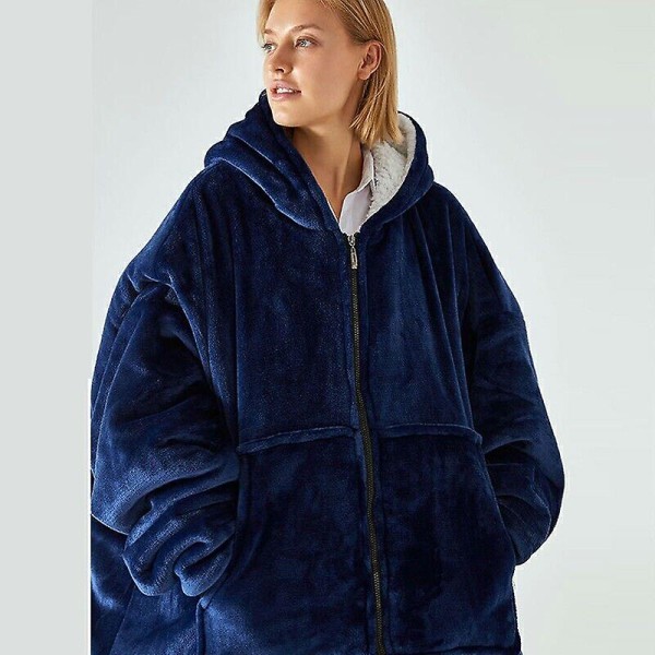 Ekstra langt hettegenser teppe Oversized myk sherpa fleece gigantisk genser med glidelås（blå）