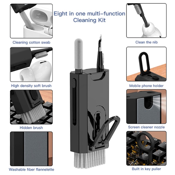 8-i-1 Elektronisk Rengöringsset, Tangentbordsrengöringsset med Borste, Bärbar Multifunktionell Rengöringsverktyg (grå)