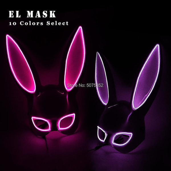 Søte lange ører kaninmaske Halloween julekaninmaske for kvinner Cosplay-maske LED-blinkende lysende masker Valentinsdagsgave（Blå 1）