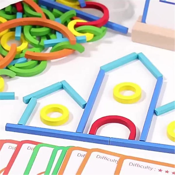 Regnbågsbyggstenar Färgglada träpussel Monteringsleksaksset Pinnar Ringar Lärande Pedagogiska leksaker