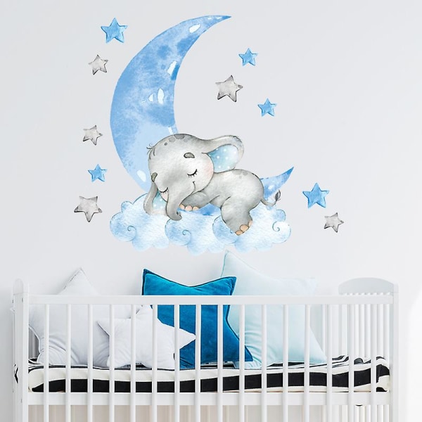 Baby boy söt sovande elefant måne väggdekal barn rum tapet dekal, 1 set-30*90CM
