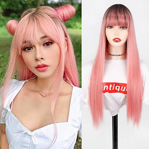 Synteettinen hius Pinkki ja musta peruukki Pitkä suora hius Cosplay peruukki Kaksi sävyä Ombre väri Naisten peruukit（24 tuumaa，R2-97C）