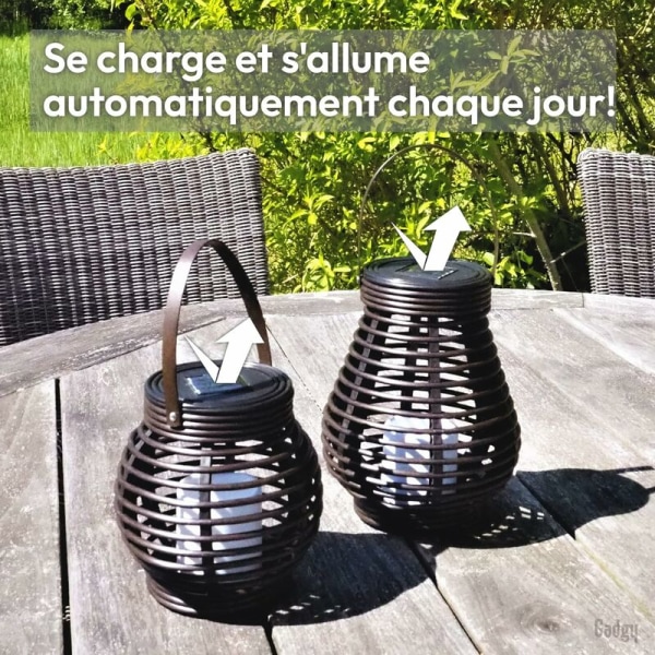 Solcelle lanterne sæt rattan look brun, brun marmoreret plast, 1 stk dråbeform og rund form til udendørs brug LED dekorativ havebelysning