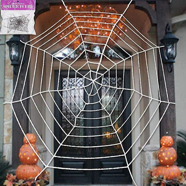 Halloween-dekorationer, 3,8 m rund spindelväv, gigantisk läskig spindel Halloween utomhusgård dekoration, vit canvas