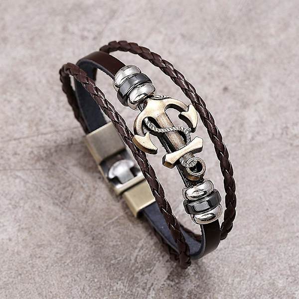 Wabjtam Handgjord äkta läderomslag armband för män - Metallankare krok herr läderarmband, herr smycken-3 st