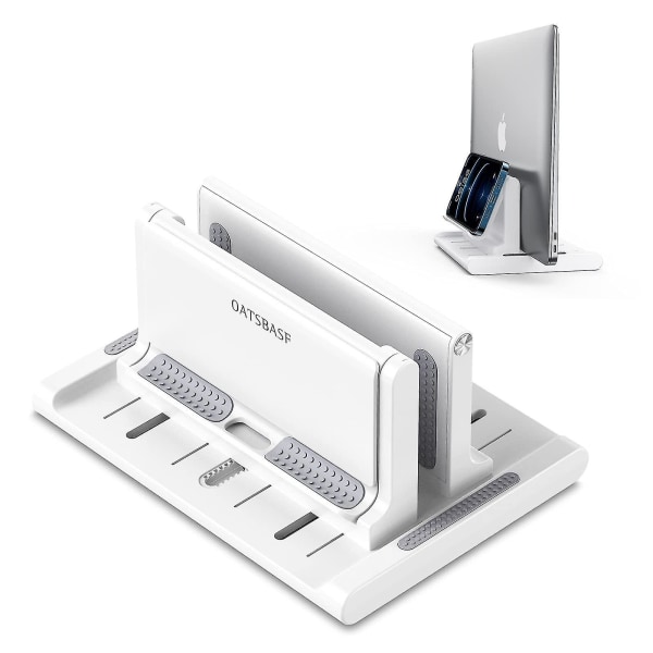 Justerbart vertikalt bärbar stativ för skrivbord, bärbar datorhållare med telefonställ, bordsdocka 3 i 1 utrymmesbesparande (vit)