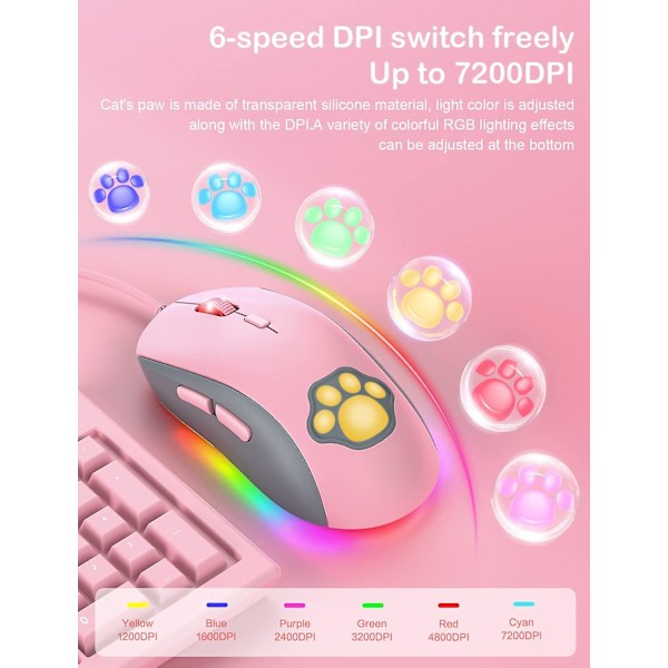 Kattfot RGB Gamingmus, Tyst Optisk Datormus USB Kabelansluten Med 6 Justerbara DPI Upp Till 7200, RGB-belysning, 6 Programmerbara Knappar För Windows/vi