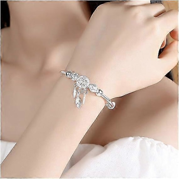 Damarmband Justerbart 925 Sterling Silver Drömfångare Tofs Fjäder Rund Pärla Charm Armband Bangel För Kvinnor Elegant Smycke Välgjort