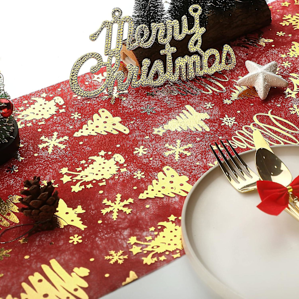 28cmx5m Röd och Guld Non-woven Bordlöpare med Julgran och Snöflingemönster för Dekoration, DIY, Inpackning
