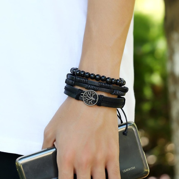 Äkta läder Livets träd Armband Män Kvinnor, Tigeröga Natursten Lava Sten Pärlor Etniska Tribal Elastiska Armband Armband