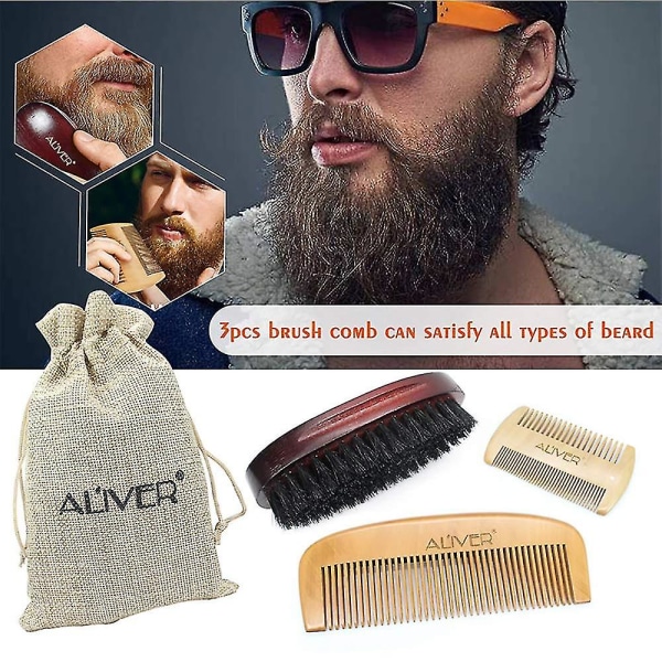 3 stk skjeggbørste og kamsett kompatibel med menn, naturlig villsvinbørste