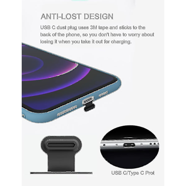 2 st dammskydd kompatibel med telefon, USB C/typ C, dammskydd, USB C laddningsport dammskydd