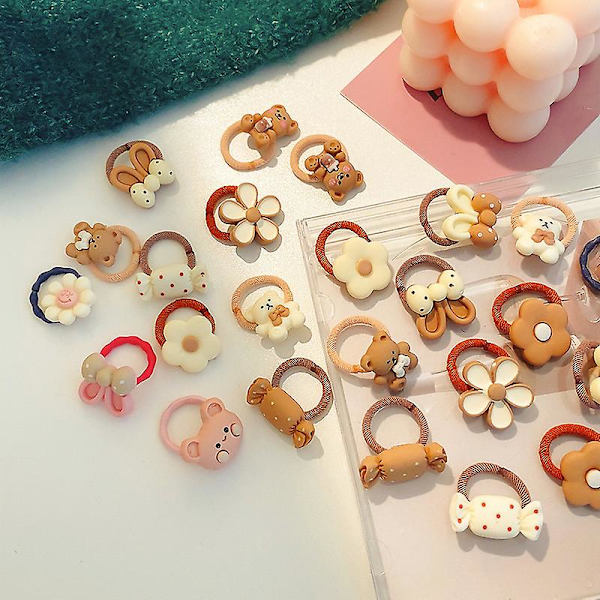20 stk./sæt Baby Girls Søde Tegneserie Blomst Bue Scrunchies Elastikker Børn Elastiske Hårbånd Børn Hår Tilbehør Bjørn Blomst