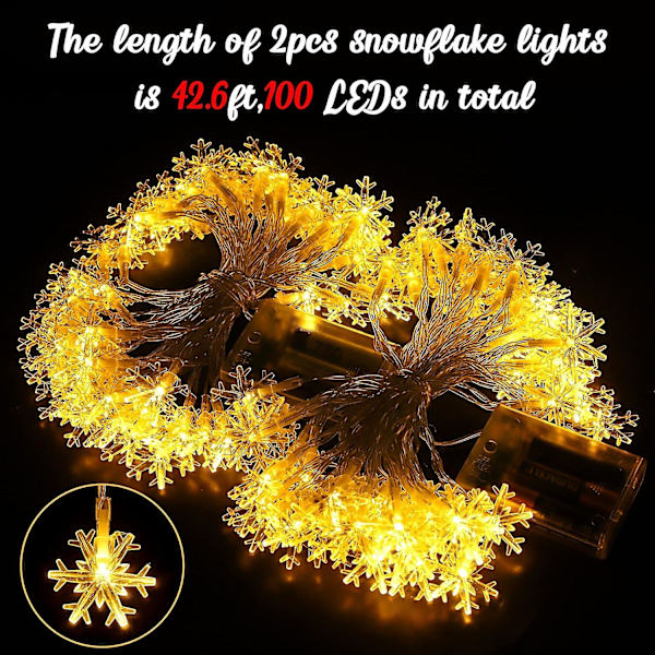 2 Pack 100 LED Snöflingeljus Juldekorationer - Vinterland Hängande Strängljus Dekor För Semester Jul Inomhus Utomhus Festtillbehör (