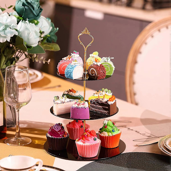 3-vånings Akryl Rund Klar Cupcakesställ Desserttorn Ställ Kakor Cupcakes Displayställ för Bröllopsgodis Födelsedagsfest Dusch (Svart)