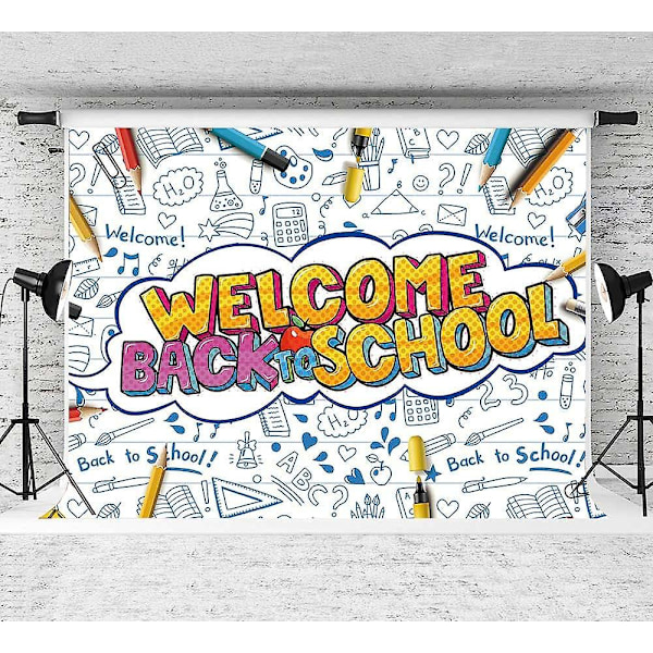 Välkommen Tillbaka Till Skolan Bakgrund Första Dagen På Förskolan Vit Blå Fotobakgrunder Lärare Och Elever Barnfest Dekoration Banner Elever