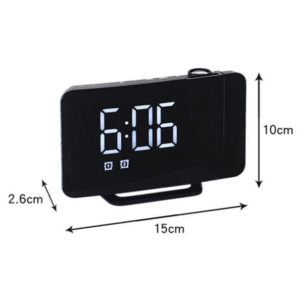 6-tums projektionsväckarklocka med snooze, digital LED-display, dubbel väckarklocka, FM-radio, fot