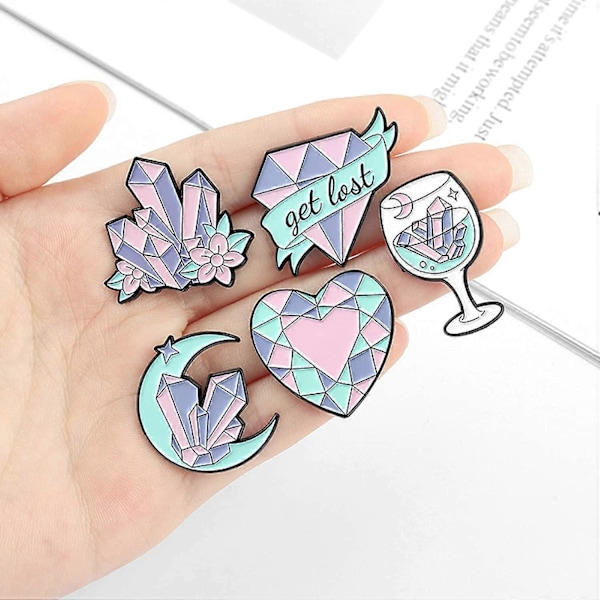 Set med 5 emaljerade pins med diamantkristallkluster, måne, vinglas, pins för tjejer, present, pins, ryggsäckstillbehör, märken, hattar, väskor.