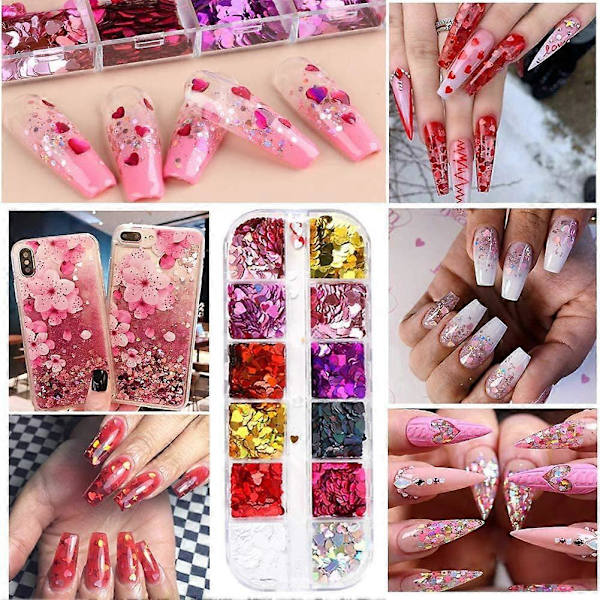 12 Färger Hjärta Holografisk Nagelglitter Sekvens Tillbehör Färgglada 3D Nagelflingor Pulver UV Gellack Akryl Design för Kvinnor Flickor Manikyr Tips