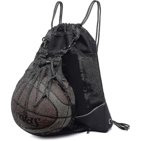Basketballrygsæk til drenge med snoretræk, sammenfoldelig fodboldrygsæk Gymtaske Sækpose Sportssæk med aftagelig boldnettaske, sort - Snngv