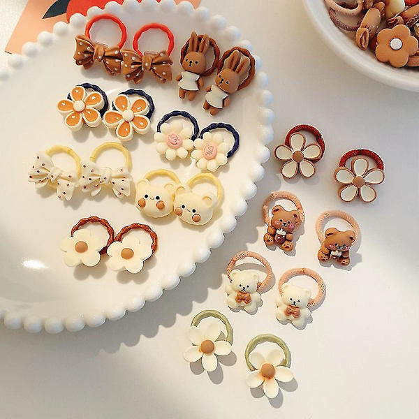 20 stk./sæt Baby Girls Søde Tegneserie Blomst Bue Scrunchies Elastikker Børn Elastiske Hårbånd Børn Hår Tilbehør Bjørn Blomst