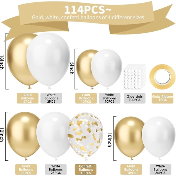 Vitguld Konfetti Ballong Girlang Båge Kit, 114st 18tum 12tum 10tum 5tum Latex Vitguld Konfetti Ballonger För Bröllop Födelsedag Jubileum Firande