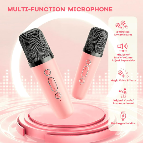 Mini Karaoke-maskin för barn, Bärbar Bluetooth-högtalare med trådlös mikrofon, Julgåvor för flickor 4-10 år (Rosa)