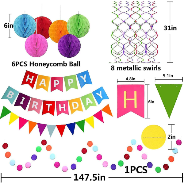 Gratulerer med bursdagen banner med fargerikt papir flagg Bunting papir sirkel konfetti krans swirl streamers honeycomb ball til bursdagsfest