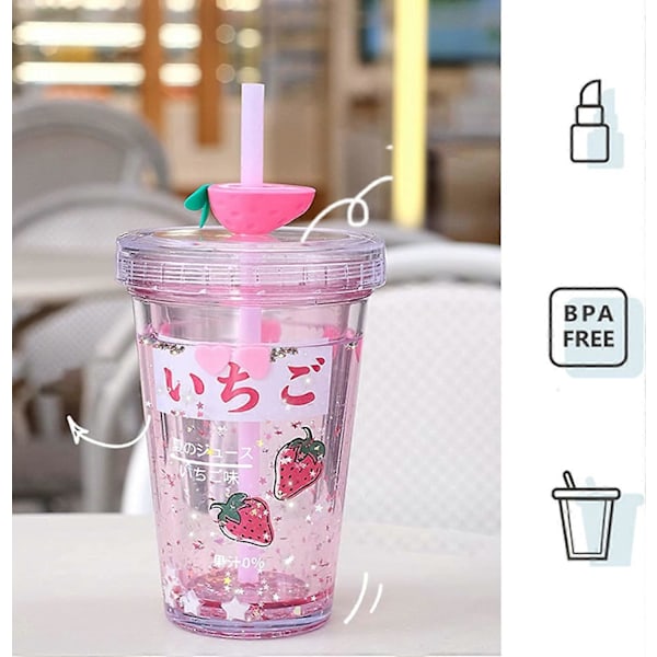 15oz Kawaii Vattenflaska med Sugrör Glitter Dubbelväggig Vattenflaska med Sugrör Kawaii Mugg Jordgubbsvattenflaska Kawaii Muggar Kawaii Saker Avocado Gi