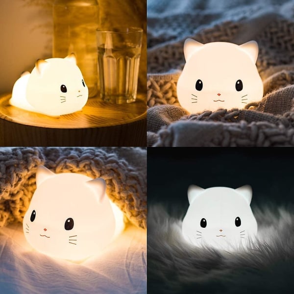 LED Nattlampa för barn, Söt katt, mjuk silikon, baby -USB-uppladdningsbar, justerbar färgtemperatur och ljusstyrka, vit och varm kan svängas