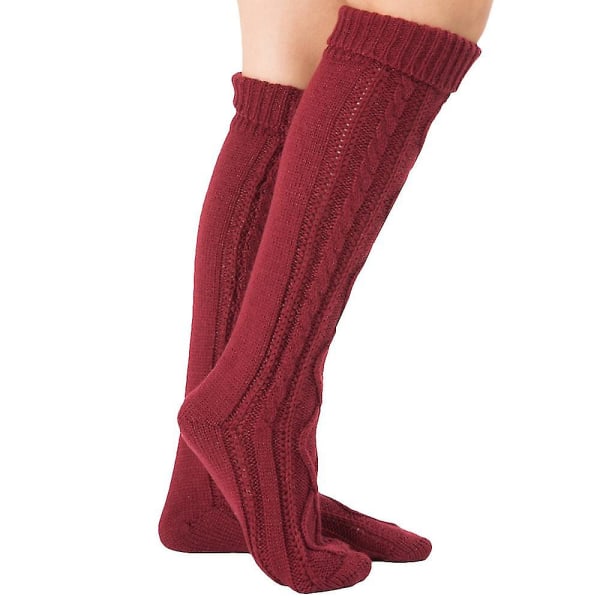 Kvinner Y2k kabelstrikket lårhøye sokker over kneet vinterlange strømper (One Size, Vinrød)