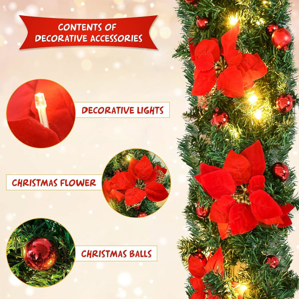 Julkransdekoration, 2,7 m julkransar med LED-ljus, konstgjorda julgirlanger, för att dekorera eldstäder, trappor, julgranar