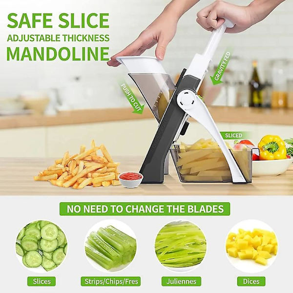 Säker manuell grönsaksskärare 5 i 1 grönsakshackare potatissnöre skärare citronskivor lökgaller kök mandolin gadget（grå）