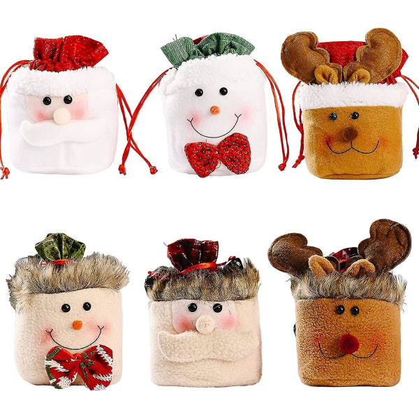 Wabjtam 6 stk dukketaske,genanvendelig julesnørepose, jul 3d design æbletaske til julefest favor