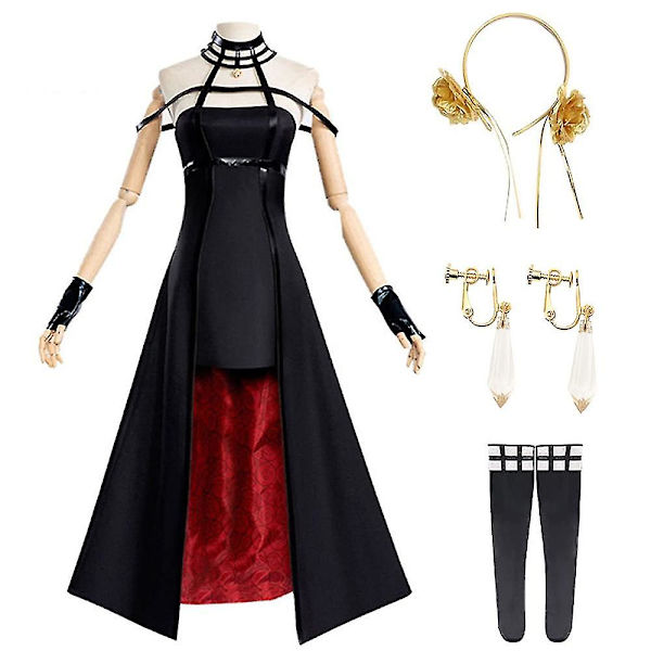 Spy X Family Yor Forger Cosplay Kostym Klänning Handskar Strumpbyxor Huvudbonad Örhängen Set Halloween Party Fancy Dress Outfits (XL)