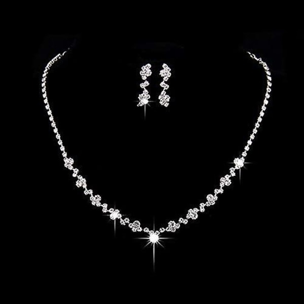 WABJTAM Bridal Silver Halsband Örhängen Set Strass Halsband Kristall Bröllopssmycke Set för damer och flickor - (2 örhängen & 1 halsband)