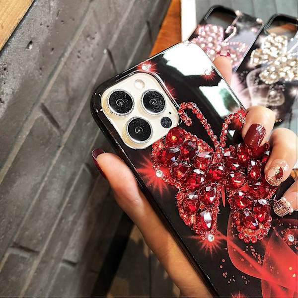iPhone 14 Girly Case Bling Glitter 3D Diamant Rhinestone Case Söt för Kvinnor Flickor Glimmande Lyxig Kristall Fjäril med Plysch