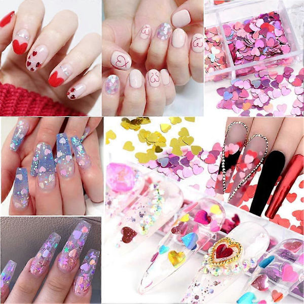 12 Färger Hjärta Holografisk Nagelglitter Sekvens Tillbehör Färgglada 3D Nagelflingor Pulver UV Gellack Akryl Design för Kvinnor Flickor Manikyr Tips