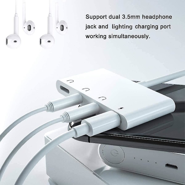 4 i 1 hovedtelefonstikadapter og splitter til lydoplader, iPhone-hovedtelefonstik + dobbelt 3,5 mm hovedtelefonstik + opladningsport til iPhone 13 12 11 X 8 7 /
