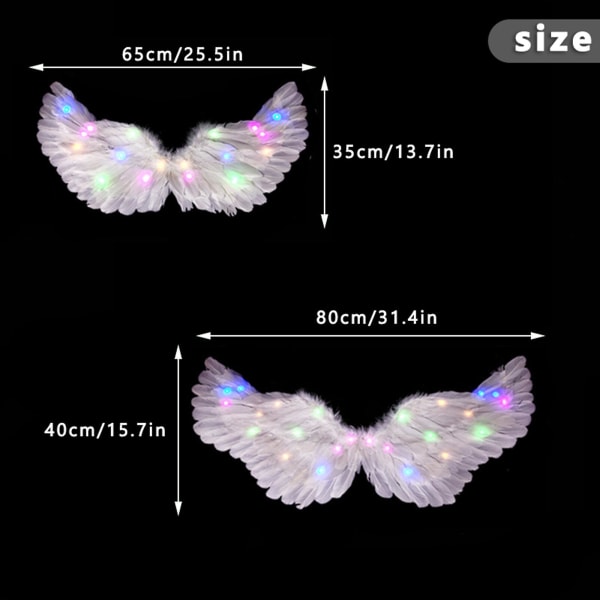Multicolor Light Up Angel Wings og Halo med LED-lys, Wings Costume for voksne barn (80*40 cm, hvit)