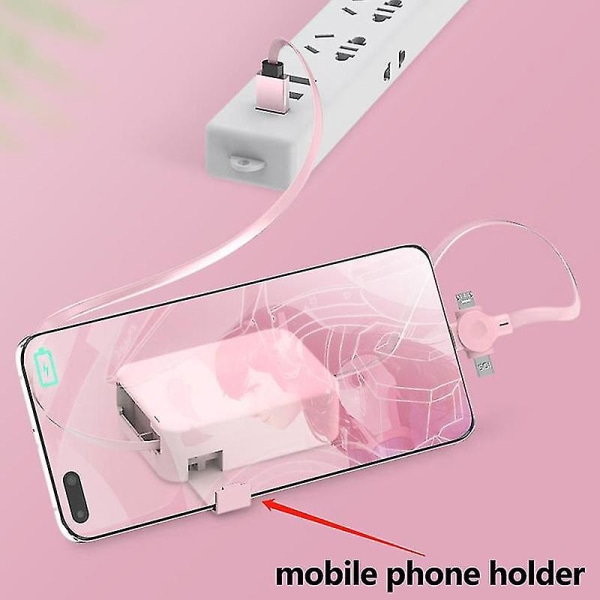 4 i 1 Retraktbar USB-lader Datakabel med Telefonstativ Type C Micro USB-kabel (rosa)