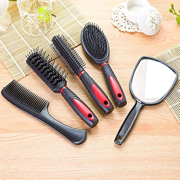5 st hårborste set kvinnor dam hårvård massage borste med spegel och hållare hår styling verktyg (röd)