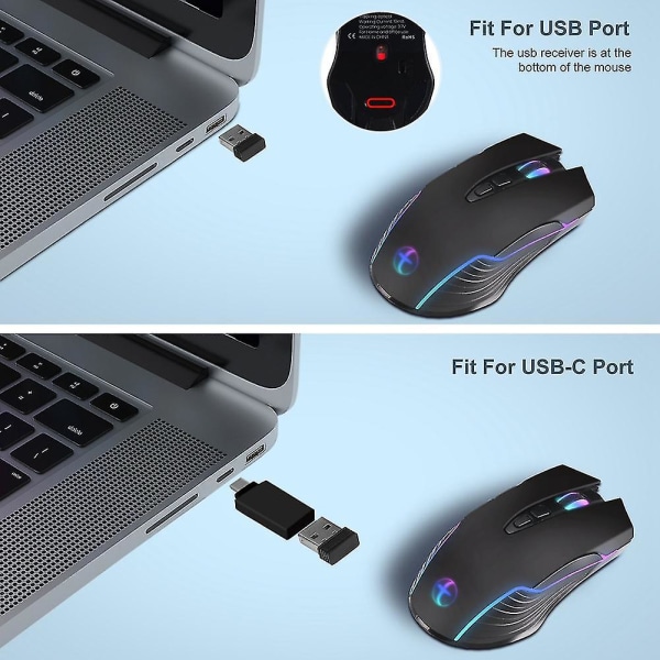 Trådløs mus Mus Jiggler Mouse Mover LED Genopladelig 2.4G Mause Ergonomic Mini Mouse USB Optical Mus 1600（sort）