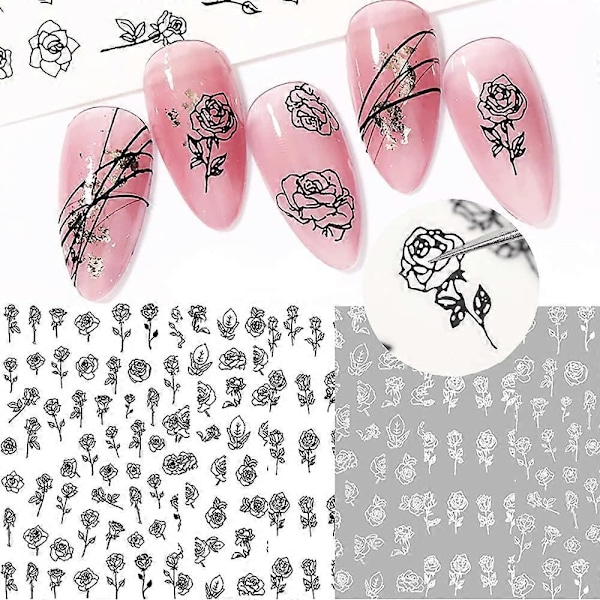 Blommor Nageldekaler, 3D Självhäftande Svart Vit Ros Nagelklistermärken Fransk Hål Blom Nagelkonst Design Manikyr DIY Nageldekor för Akryl Naglar