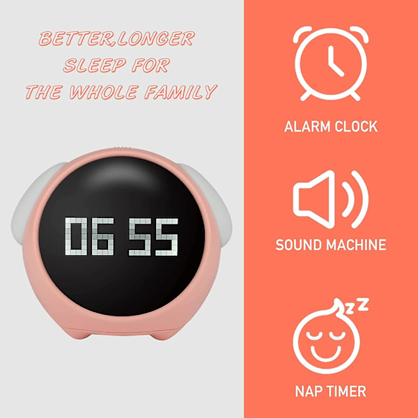 Klocka, barnlarm, sömnutbildning, söt ljudmaskin, väckarklocka med ljus, dubbel väckarklocka, 5 sorters musik vid sängen